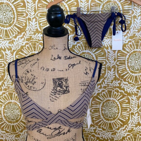 KikiRio Millie Tie-Side Bikini & Liv Wrap Top Reversible Bathing Suit Taupe/Navy - Picture 1 of 9